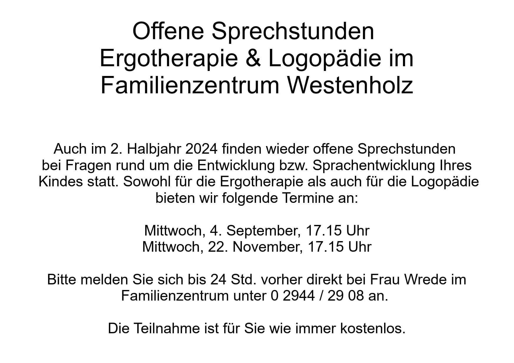 Offene Sprechstunden im Familienzentrum Westenholz